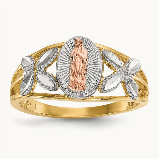 w/White Rhodium Polished Our Lady of Guadalupe Ring, 14K Two-tone
