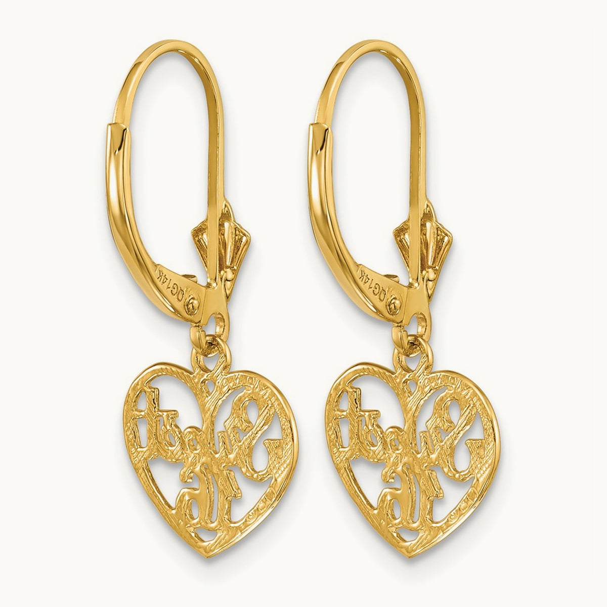 Polished SWEET 16 in Heart Dangle Leverback Earrings, 14K