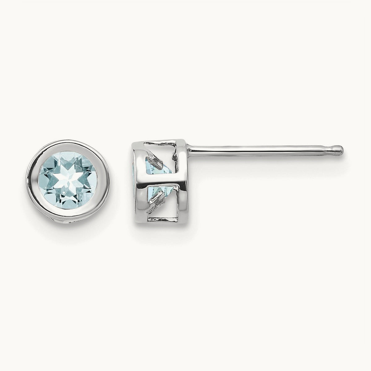 Bezel March/Aquamarine Post Earrings — 14K White Gold
