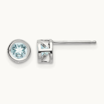 Bezel March/Aquamarine Post Earrings — 14K White Gold