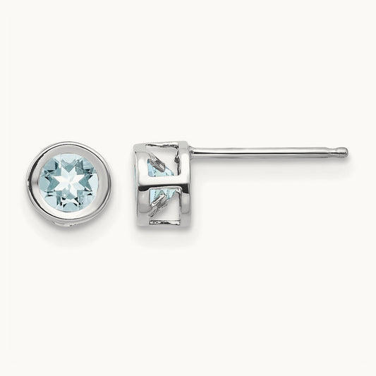 Bezel March/Aquamarine Post Earrings — 14K White Gold