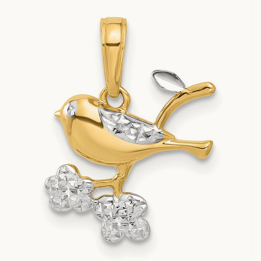 D/C Bird on Branch Pendant, 14K with White Rhodium