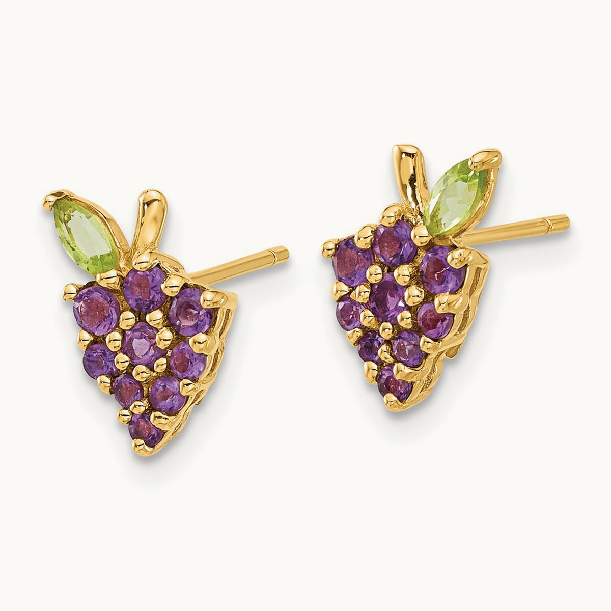 Amethyst and Peridot Grapes Post Earrings, 14K Gold