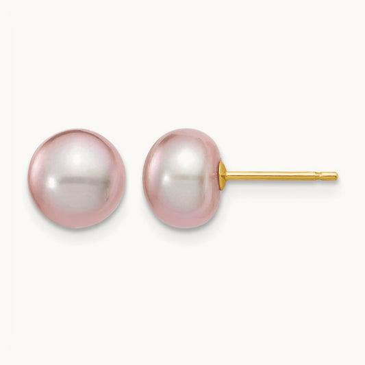 7- Purple Button Freshwater Cultured Pearl Stud Post Earrings, 8mm, 14K