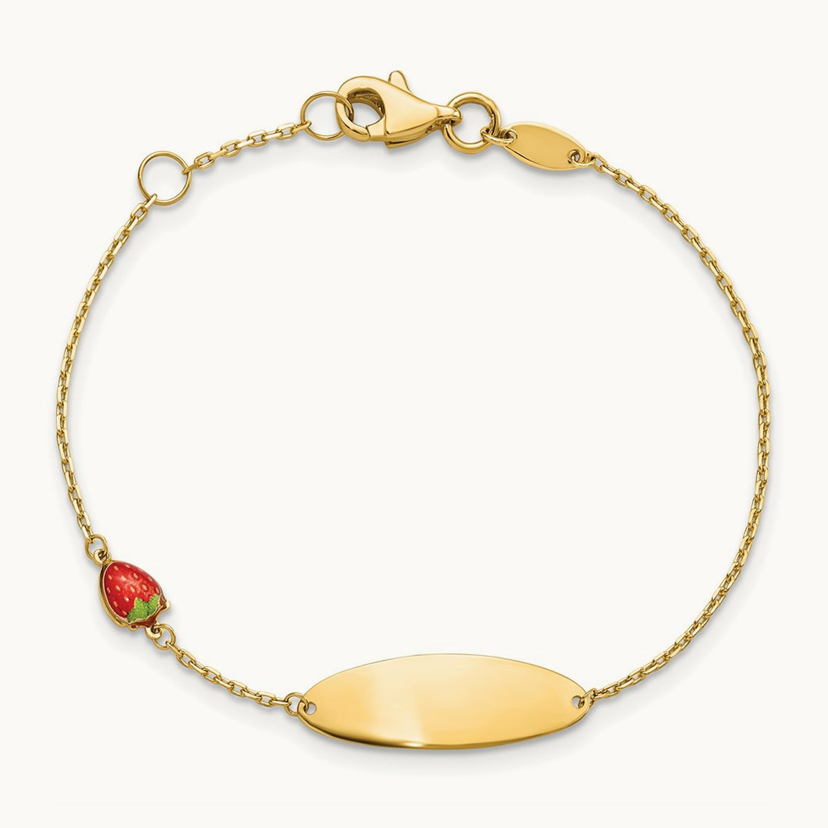 Enameled Strawberry Baby ID 5.5in w/.5 in Ext Bracelet, 14K