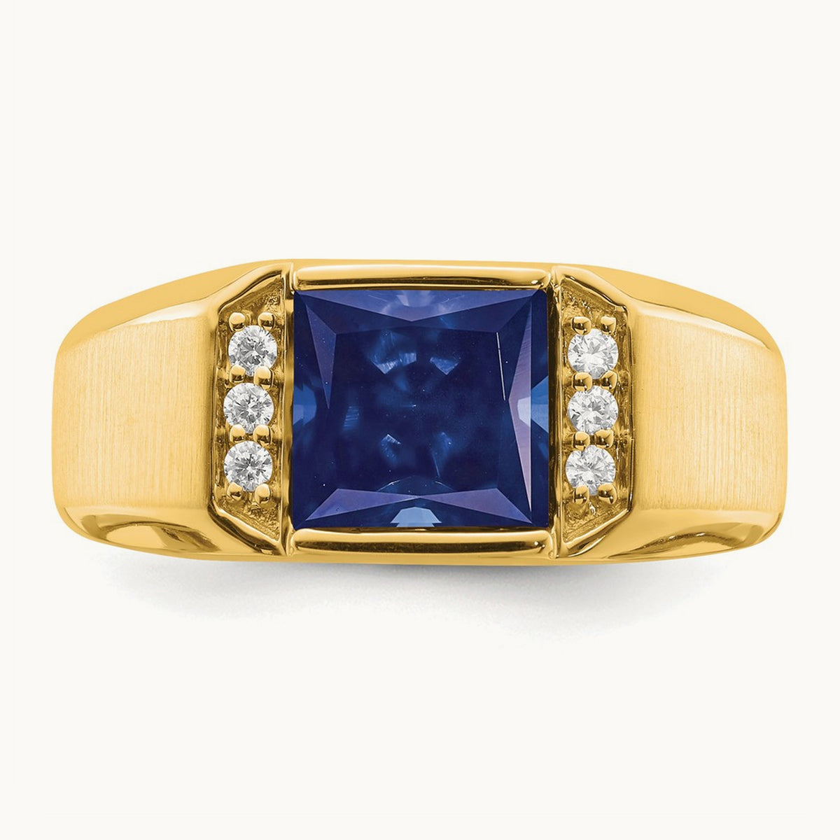 Square Created Sapphire and Diamond Mens Ring, 14K