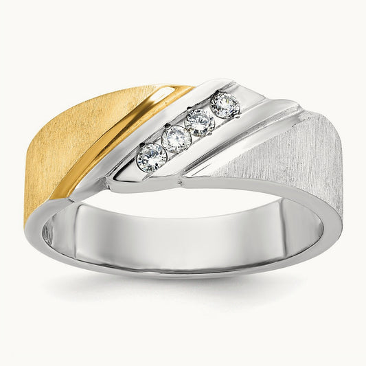 14ktt IBGoodman Men's Polished Satin & Grooved 4-Stone Diamond Ring
