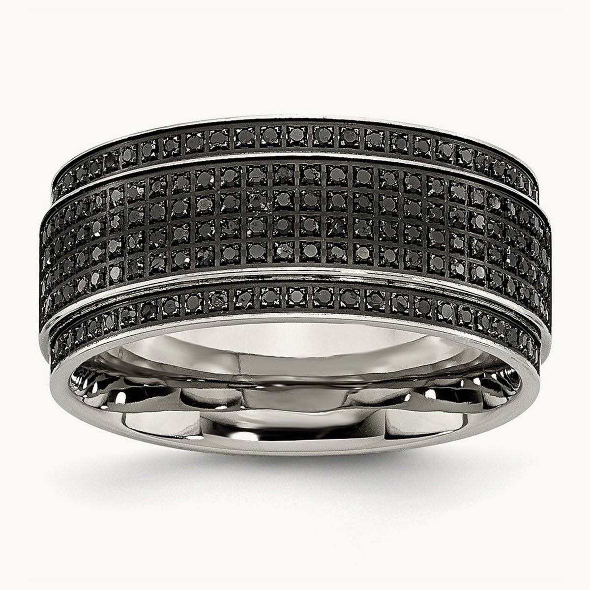 Polished 1/2ct Black Diamond Ridged Edge Band, 10mm, Stainless Steel