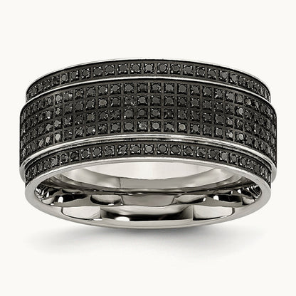 Polished 1/2ct Black Diamond Ridged Edge Band, 10mm, Stainless Steel