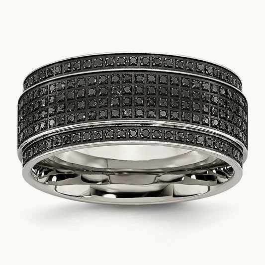 Polished 1/2ct Black Diamond Ridged Edge Band, 10mm, Stainless Steel