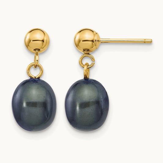 7- Black Rice Freshwater Cultured Pearl Post Dangle Earrings, 8mm, 14K