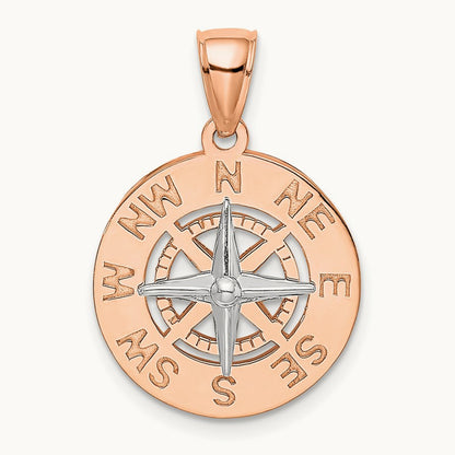 Medium Nautical Compass Pendant, 14K Rose with White Gold