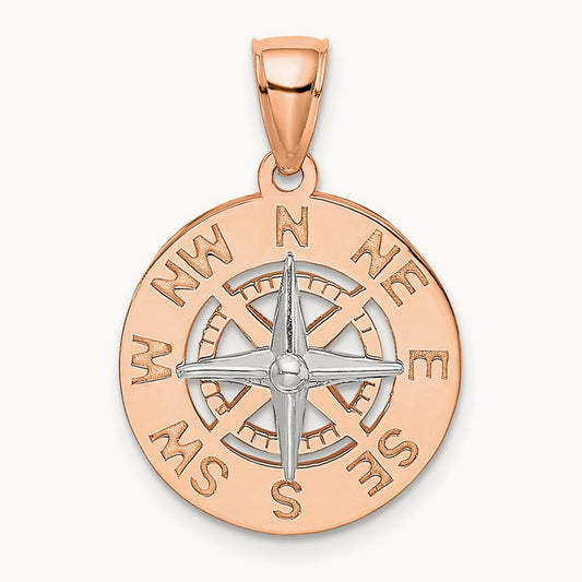 Medium Nautical Compass Pendant, 14K Rose with White Gold