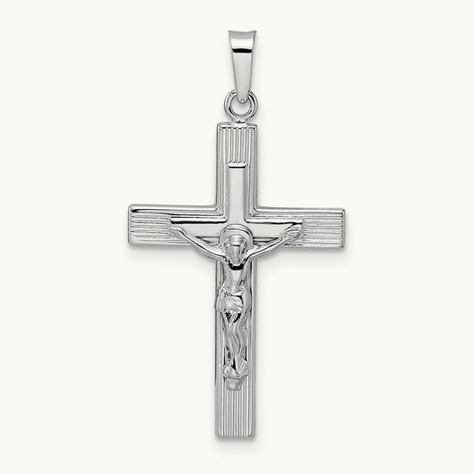 Polished Solid Striped Crucifix Pendant, 14K White Gold