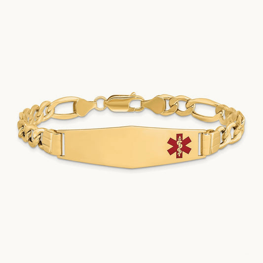 Semi-Solid Medical Soft Diamond Shape Red Enamel Figaro ID Bracelet, 14K