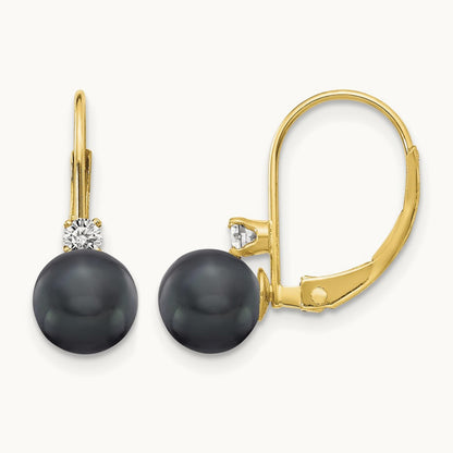 6- Black FW Cultured Pearl AA Diamond Leverback Earrings, 7mm, 14K