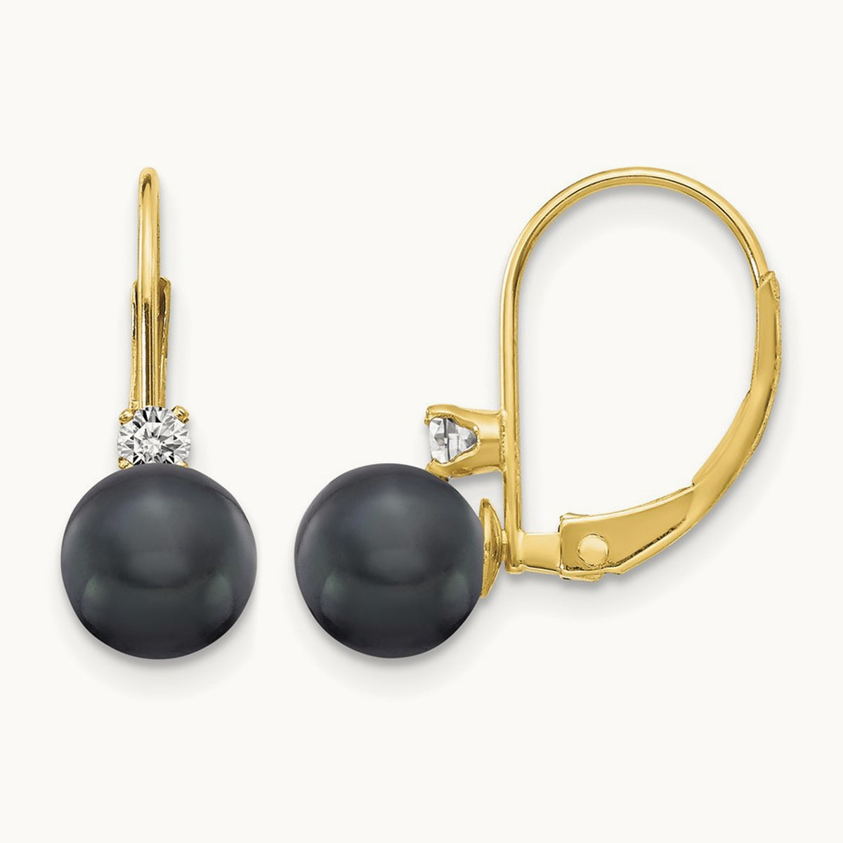6- Black FW Cultured Pearl AA Diamond Leverback Earrings, 7mm, 14K