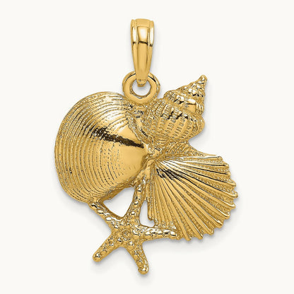 Textured Shell Cluster and Starfish Charm, 14K