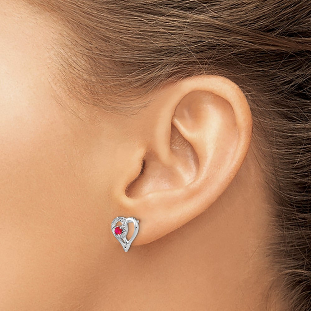 Ruby and Diamond Heart Earrings — 14K White Gold, 11mm