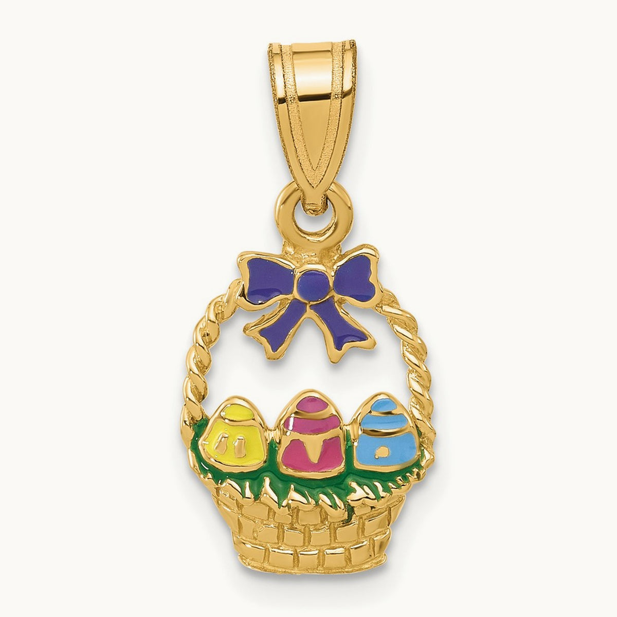 Enameled Easter Basket w/ Bow and Eggs Charm, 14K