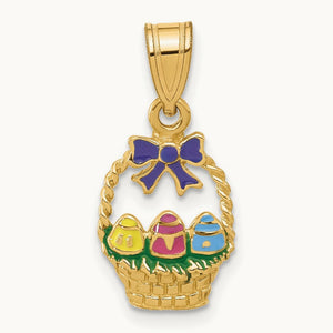 Enameled Easter Basket w/ Bow and Eggs Charm, 14K