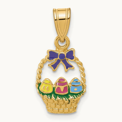 Enameled Easter Basket w/ Bow and Eggs Charm, 14K