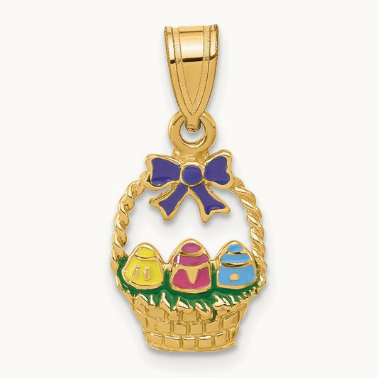 Enameled Easter Basket w/ Bow and Eggs Charm, 14K