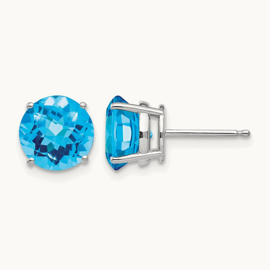 Blue Topaz Checker Earrings, 8mm, 14K White Gold