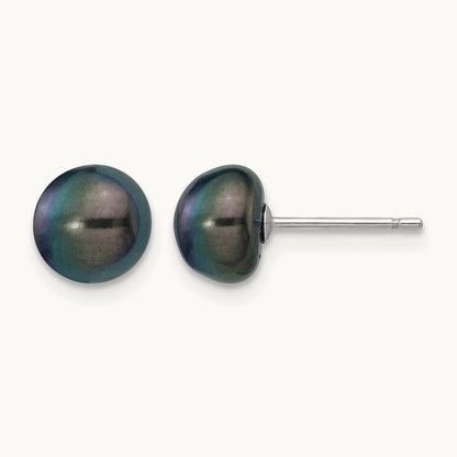 Black Button Freshwater Cultured Pearl Stud Post Earrings — 14K White Gold