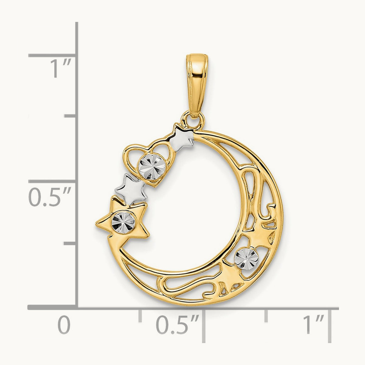& White Rhodium D/C Heart, Star & Moon Pendant, 14K
