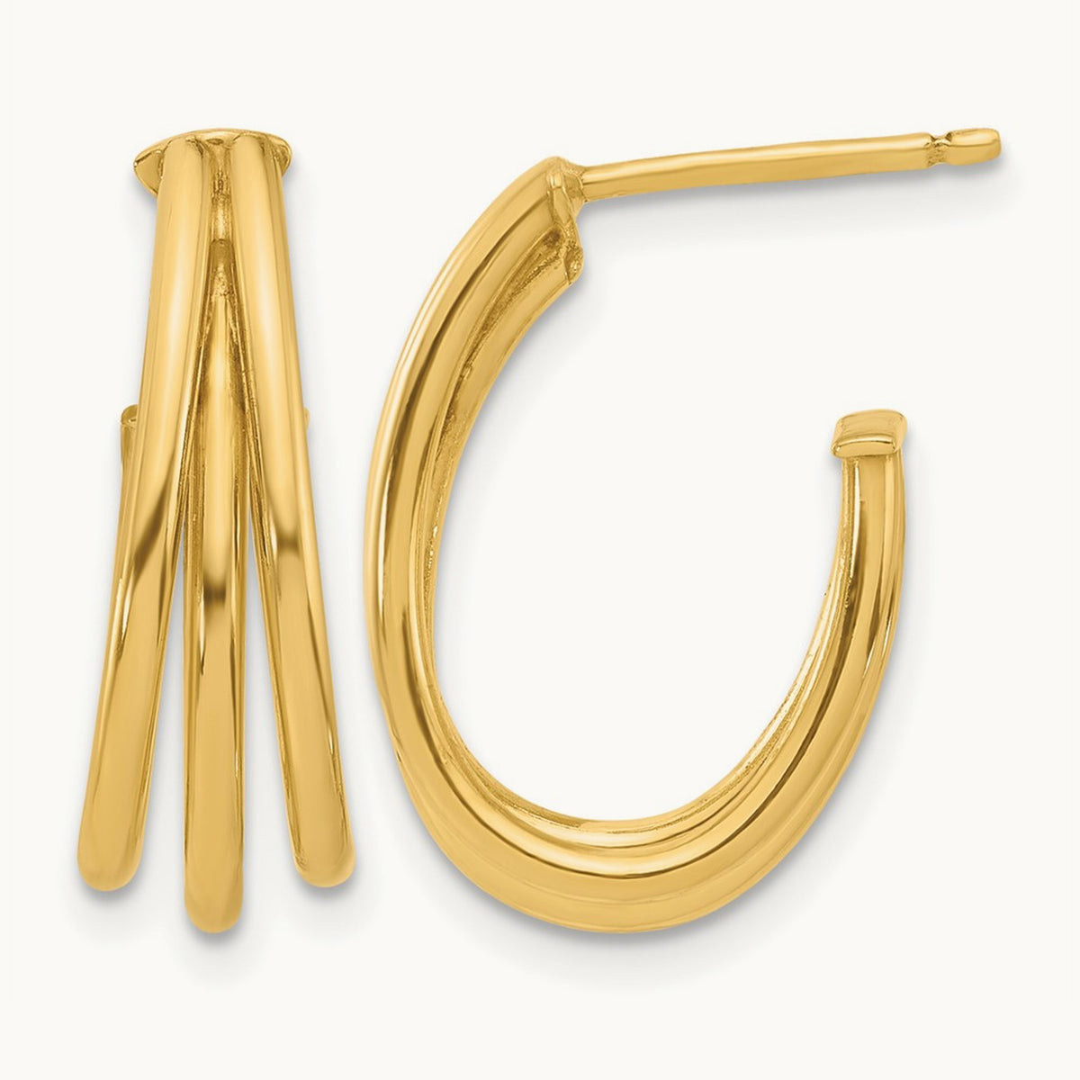 Polished 3-Row J-Hoop Post Earrings, 14K — Leslie's