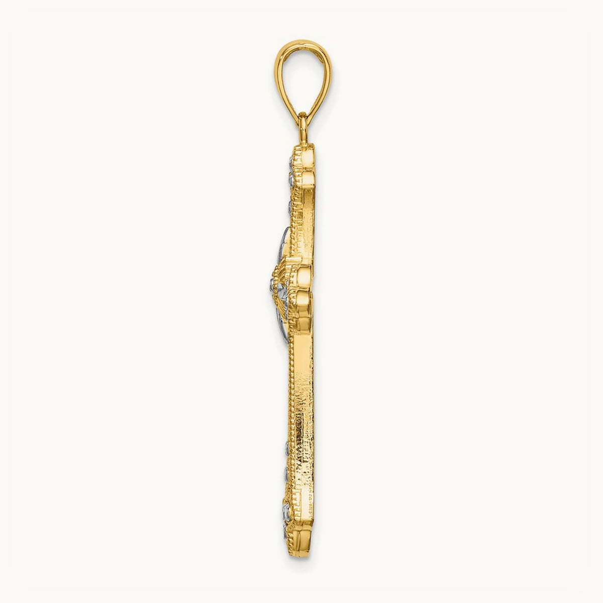 W/ Rhodium D/C Edges Cross Charm, 14K