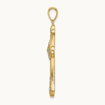W/ Rhodium D/C Edges Cross Charm, 14K