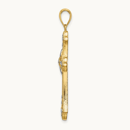 W/ Rhodium D/C Edges Cross Charm, 14K
