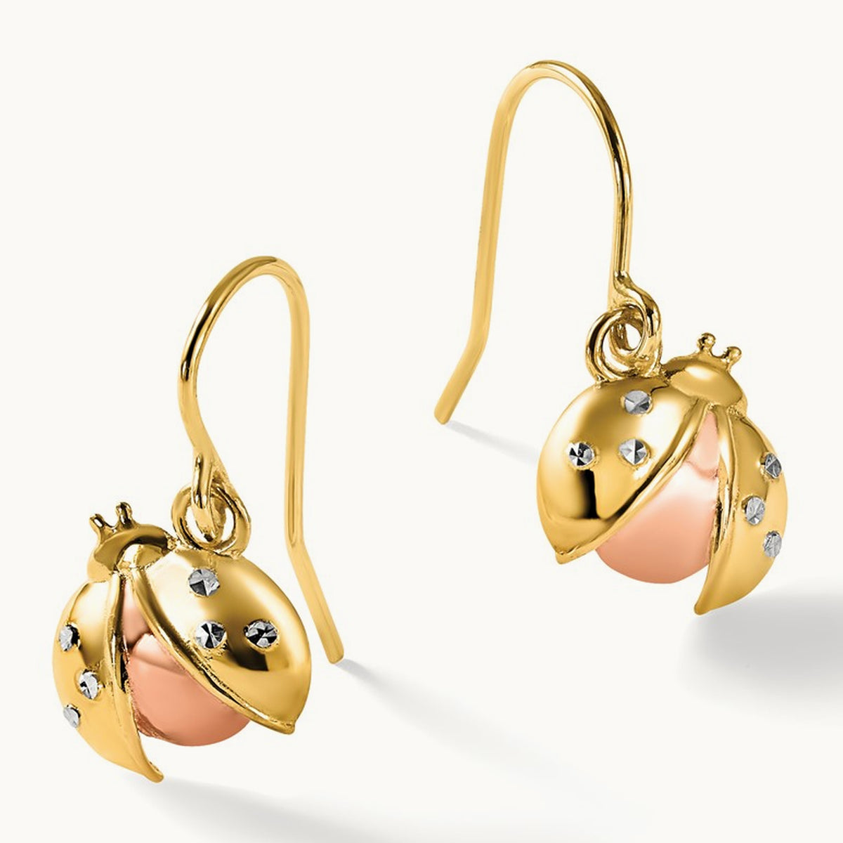 w/Rose and White Rhodium D/C Ladybug Dangle Earrings, 14K