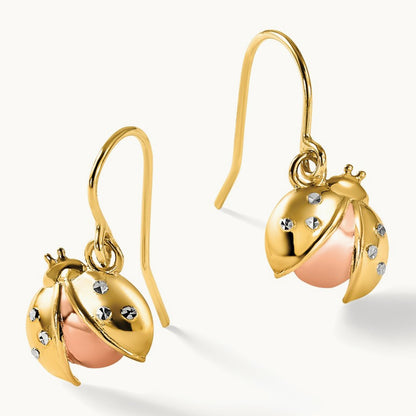 w/Rose and White Rhodium D/C Ladybug Dangle Earrings, 14K