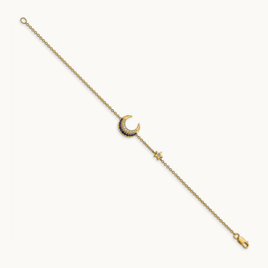 Diamond and Sapphire Moon and Star 7in Bracelet, 14K