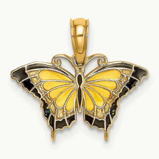 Small Enameled Yellow Butterfly Charm, 14K