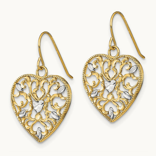 w/ RH Filigree Cut-Out Heart Wire Earrings, 14K