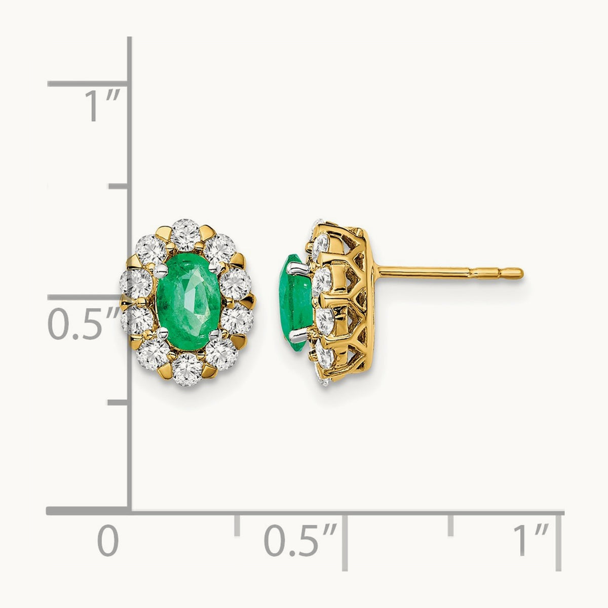 Oval Emerald and Diamond Halo Post Earrings, 14K