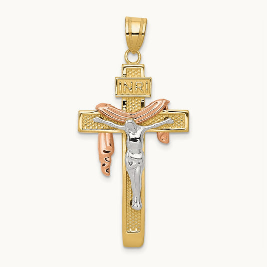 Tri-color Large Draped INRI Crucifix Pendant, 14K
