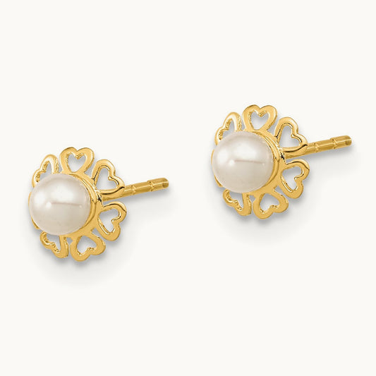 Polished Small Heart Petals with FW Cultured Pearl Post Earrings, 14K