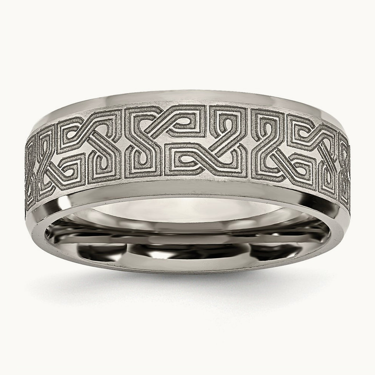 Brushed & Polished Greek Key Laser Design Beveled Band — photo set (2)