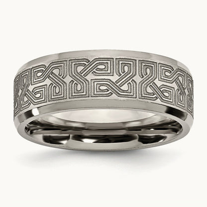 Brushed & Polished Greek Key Laser Design Beveled Band — photo set