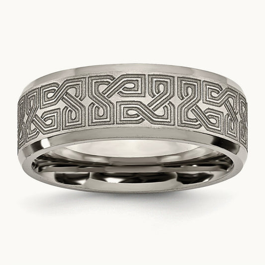 Brushed & Polished Greek Key Laser Design Beveled Band — photo set