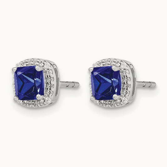 Cushion Sapphire and Diamond Halo Earrings, 14K White Gold