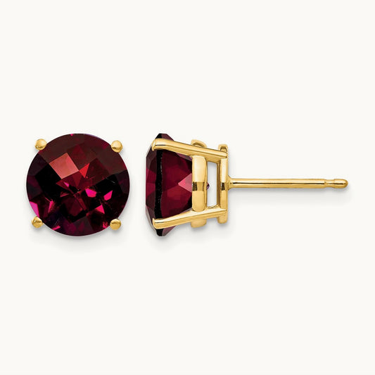 Garnet Checker Post Earrings, 8mm, 14K