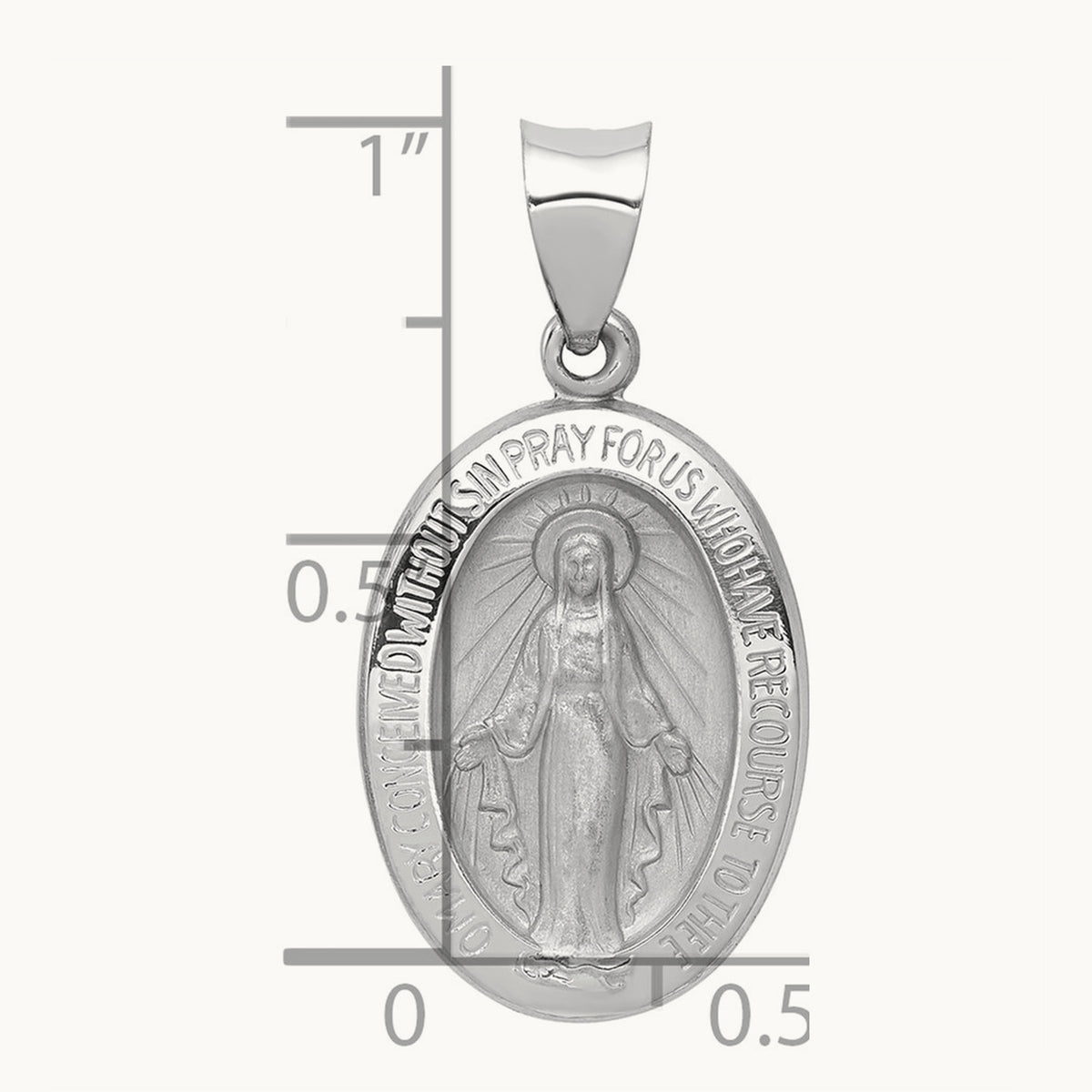 Polished / Satin Miraculous Medal Hollow Pendant, 14K White Gold