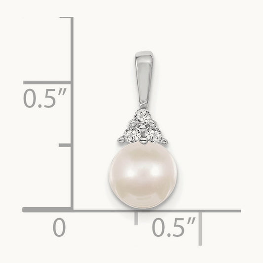 White Round Freshwater Cultured Pearl AA Diamond Pendant, 7mm, 14K White Gold