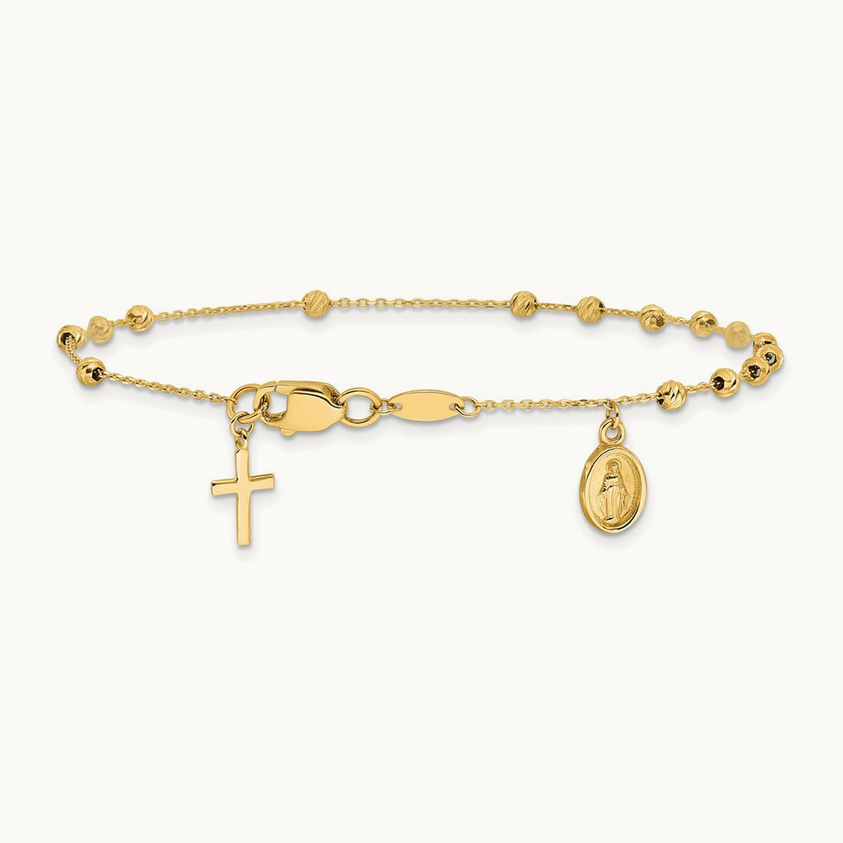 Polished and Diamond-cut Miraculous Medal and Cross Rosary Design Brace, 14K